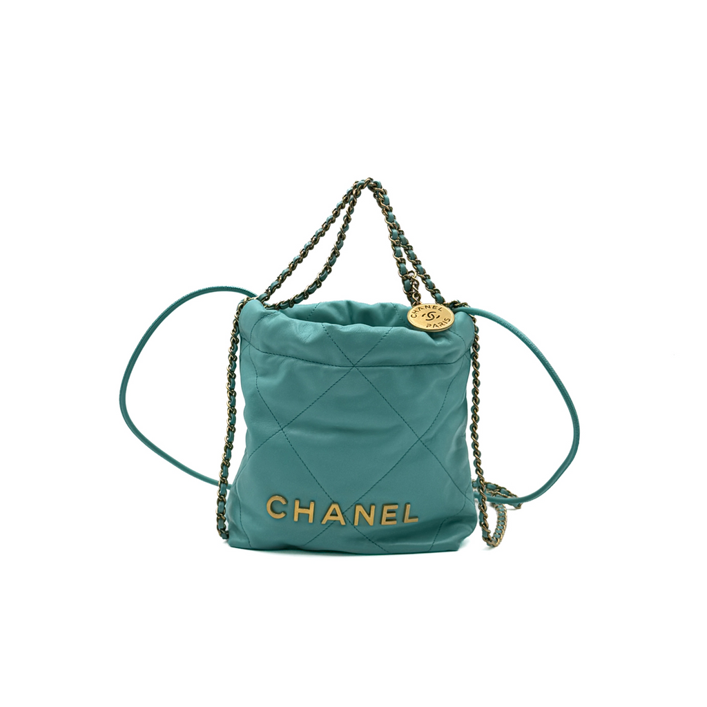 シャネル22 ミニ Sプレート ターコイズ ゴールド金具